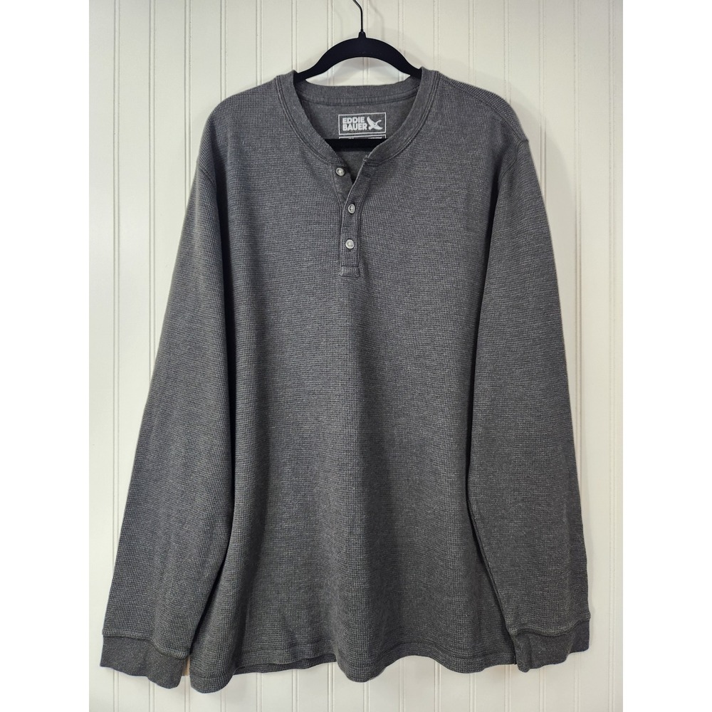 Eddie Bauer Mens Tall XL Gray Waffle Knit Long Sleeve Henley Shirt Thermal Top